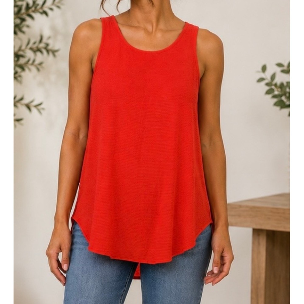 Red Open Back Drape Sleeveless Tank Top Scoop Neck Textured Flowy Blouse Size-S